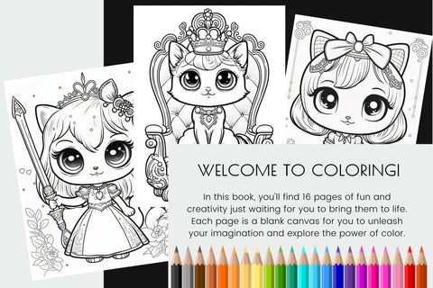Princess Cat Coloring Book, Printable Coloring Page Bundle Sublimation OrangeBrushStudio 