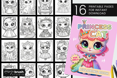 Princess Cat Coloring Book, Printable Coloring Page Bundle Sublimation OrangeBrushStudio 