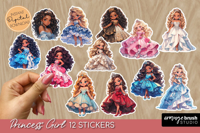 Princess Girl Stickers, Chibi Sticker Printable Sheet Sublimation OrangeBrushStudio 