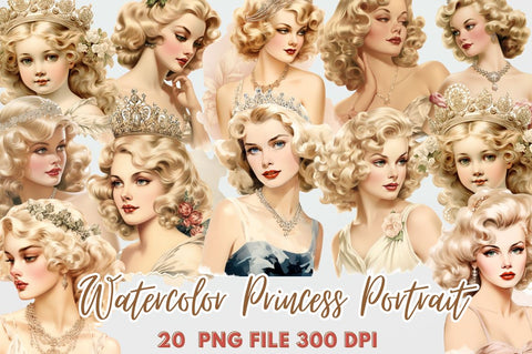 Princess Portrait Watercolor Clipart Bundle Sublimation Regulrcrative 