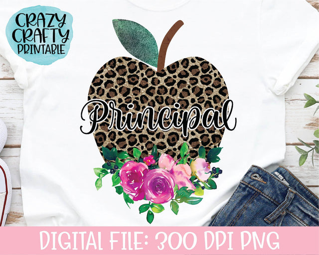 Principal Floral Leopard Print Apple | School Quote PNG Printable Sublimation File Sublimation Crazy Crafty Lady Co. 