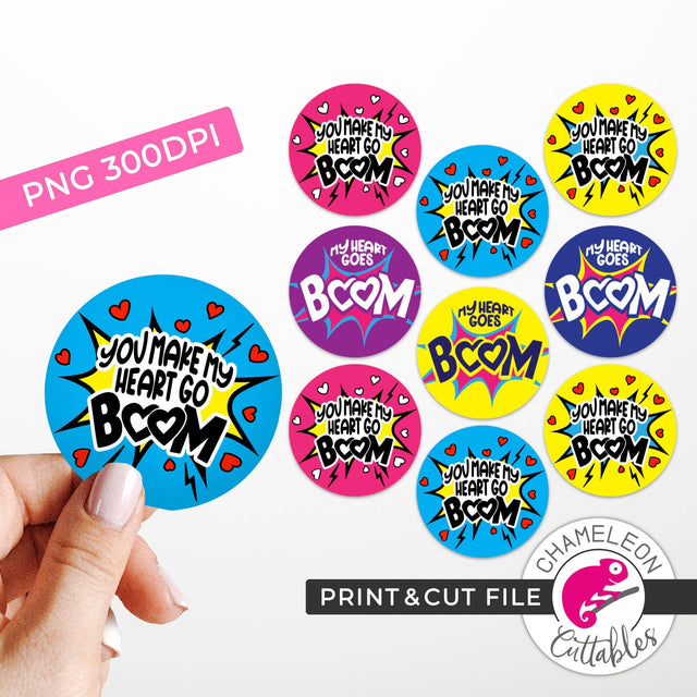Print and Cut Boom Valentines Stickers PNG Sublimation Chameleon Cuttables 