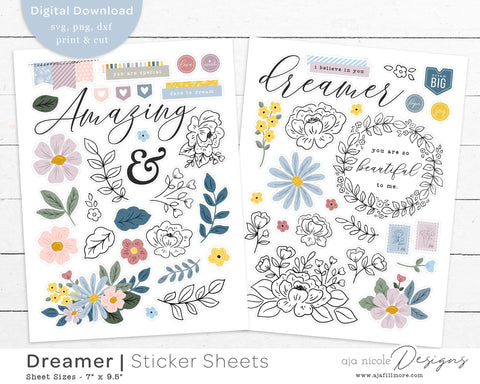 Print and Cut BW Floral Sticker Sheet Set SVG Aja Nicole Designs 