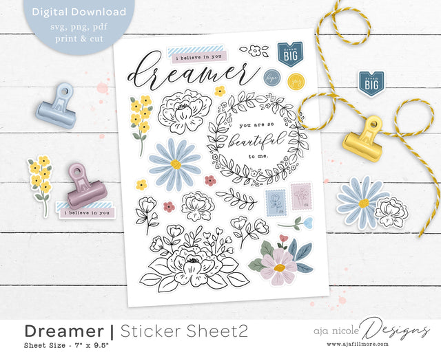Print and Cut BW Floral Sticker Sheet SVG Aja Nicole Designs 