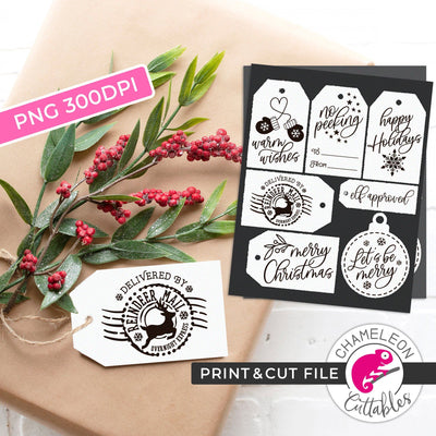 Print and Cut Christmas Tags Bundle PNG Sublimation Chameleon Cuttables 