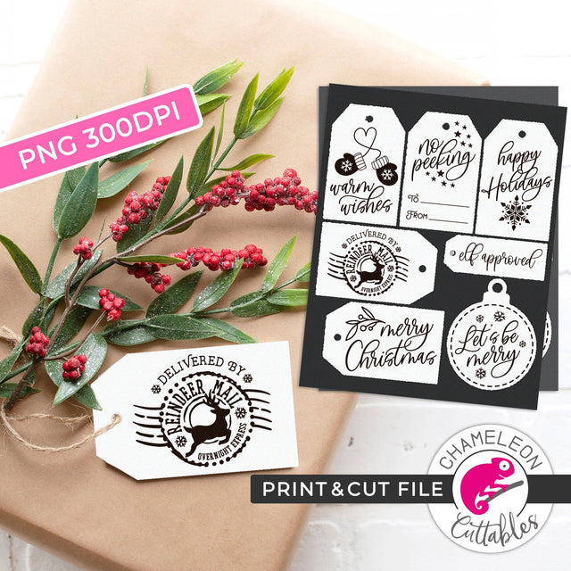 Print and Cut Christmas Tags Bundle PNG Sublimation Chameleon Cuttables 
