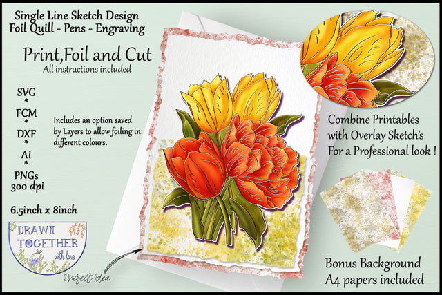 Print, Foil and Cut | Single Line Sketch - Bunch of Tulips Sketch DESIGN DrawnTogether with love 