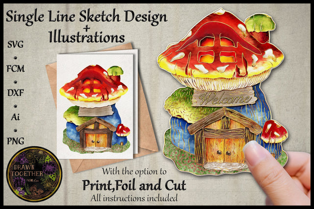 Print, Foil n Cut | Single line Sketch - Gnomes Mushroom Home Sketch DESIGN DrawnTogether with love 
