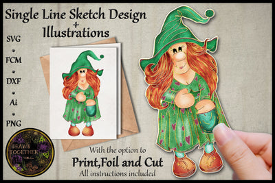 Print, Foil n Cut | Single line Sketch - Lady Gnome - Mable Sketch DESIGN DrawnTogether with love 