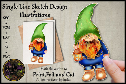 Print, Foil n Cut|Single line Sketch - Man Gnome - Oswald Sketch DESIGN DrawnTogether with love 