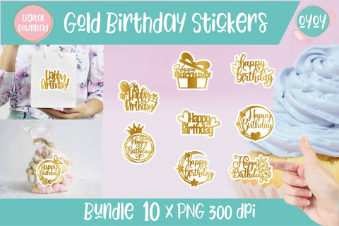 Printable Birthday Stickers Bundle | Gold Digital Stickers SVG OyoyStudioDigitals 