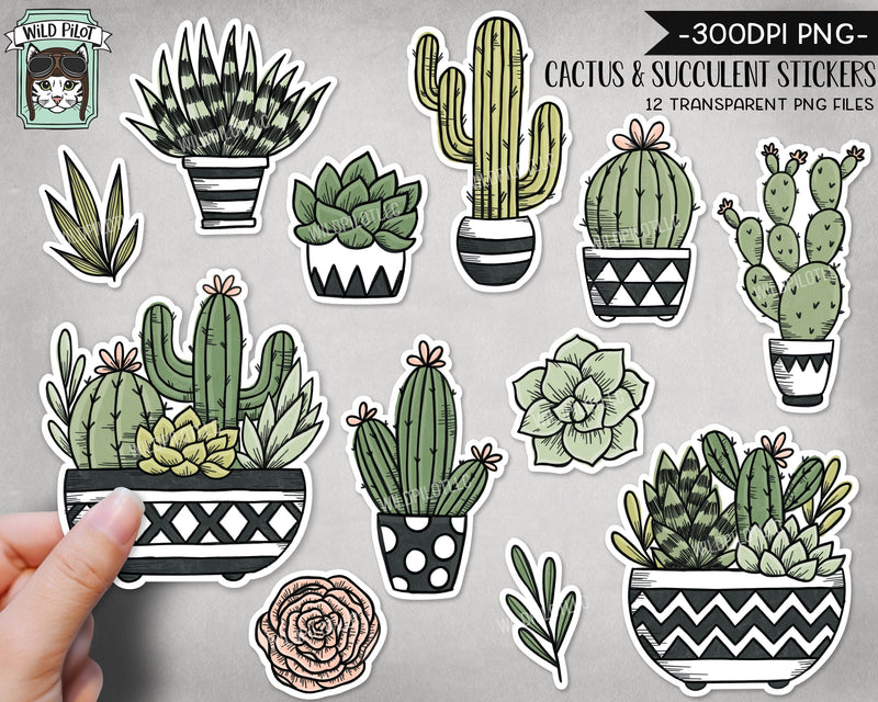 PRINTABLE Cactus Succulent Sticker Files PNG File, Succulent Illustrations, Planner Sticker File, Cactus Planters, Plant Lovers Digital Sublimation Wild Pilot 