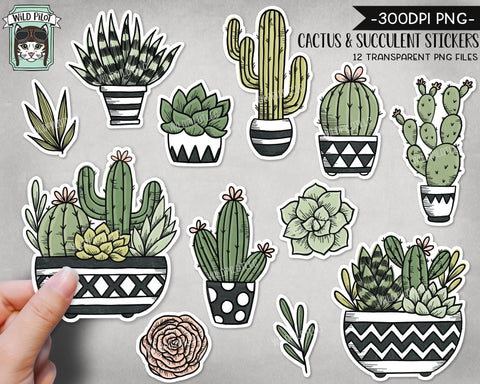 PRINTABLE Cactus Succulent Sticker Files PNG File, Succulent Illustrations, Planner Sticker File, Cactus Planters, Plant Lovers Digital Sublimation Wild Pilot 