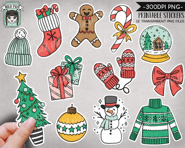 PRINTABLE Christmas Sticker files PNG file, Christmas Illustrations, Candy Cane png, Stocking png, Gingerbread Man png, Ugly Sweater png, Snowman png, Tree png, Bow png Sublimation Wild Pilot 