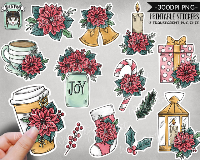 PRINTABLE Christmas Sticker files PNG file, Poinsettia Illustrations, Christmas Planner Sticker file, Candy Cane png, Stocking png, Coffee png, Tea png, Jar png Sublimation Wild Pilot 