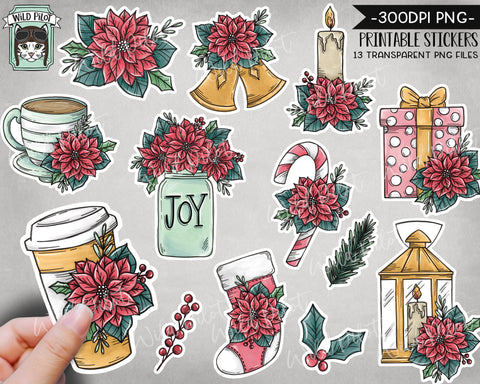 PRINTABLE Christmas Sticker files PNG file, Poinsettia Illustrations, Christmas Planner Sticker file, Candy Cane png, Stocking png, Coffee png, Tea png, Jar png Sublimation Wild Pilot 