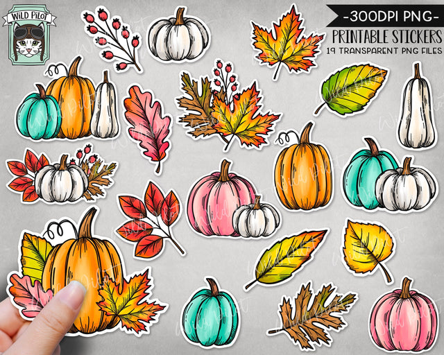 PRINTABLE Fall Sticker files PNG file, Pumpkin Fall Leaves Illustrations, Autumn Planner Sticker file, Thanksgiving, Halloween Printable png Sublimation Wild Pilot 
