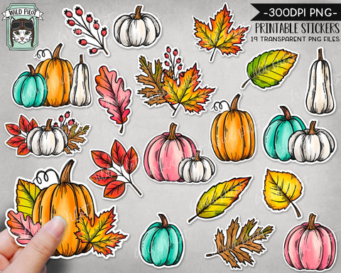 PRINTABLE Fall Sticker files PNG file, Pumpkin Fall Leaves Illustrations, Autumn Planner Sticker file, Thanksgiving, Halloween Printable png Sublimation Wild Pilot 