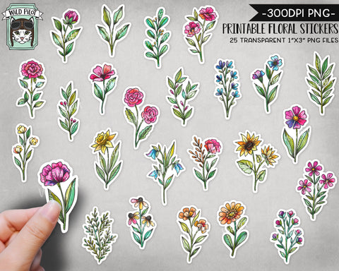 PRINTABLE Flower Sticker files PNG file, Watercolor Flower Illustrations, Planner Sticker file, Floral Stickers, Printable Sticker files Sublimation Wild Pilot 