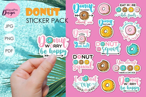 Printable funny Stickers Donuts. Donut worry be happy, donut stress, donut disturb Sublimation Klava P 