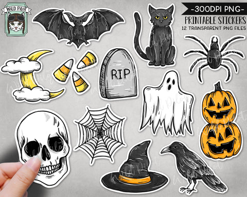 PRINTABLE Halloween Sticker files PNG file, Halloween Planner Stickers, Fall, Autumn, Halloween, Skull, Bat, Spider, Cat, Witch, Crow, Ghost Sublimation Wild Pilot 