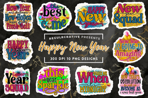 Printable Happy New Year Stickers Bundle Sublimation Regulrcrative 