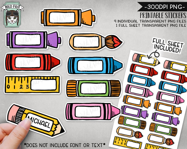 PRINTABLE School Label Sticker files PNG file, Back to School Sticker file, School Label Sticker Sheet, Pencil, Crayon, Marker, Ruler Glue Sublimation Wild Pilot 