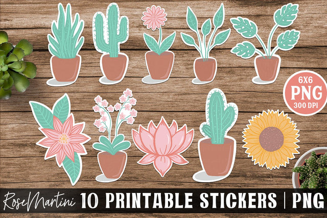 Printable Stickers Bundle Plants PNG Hand drawn Stickers Set Print And Cut Stickers Succulent Sunflower Sticker Sublimation RoseMartiniDesigns 