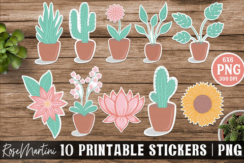Printable Stickers Bundle Plants PNG Hand drawn Stickers Set Print And Cut Stickers Succulent Sunflower Sticker Sublimation RoseMartiniDesigns 