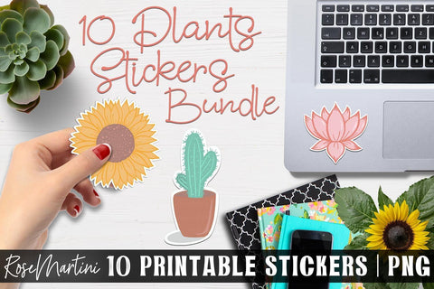 Printable Stickers Bundle Plants PNG Hand drawn Stickers Set Print And Cut Stickers Succulent Sunflower Sticker Sublimation RoseMartiniDesigns 