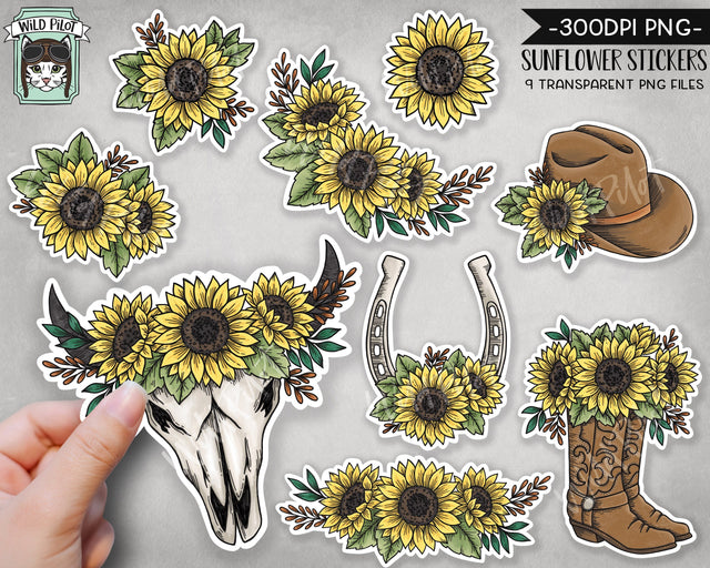 PRINTABLE Sunflower Sticker files PNG file, Sunflower Illustrations, Planner Sticker File, Cow Skull, Cowboy Hat, Horseshoe, Boots Digital SVG Wild Pilot 
