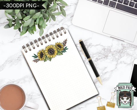 PRINTABLE Sunflower Sticker files PNG file, Sunflower Illustrations, Planner Sticker File, Cow Skull, Cowboy Hat, Horseshoe, Boots Digital SVG Wild Pilot 