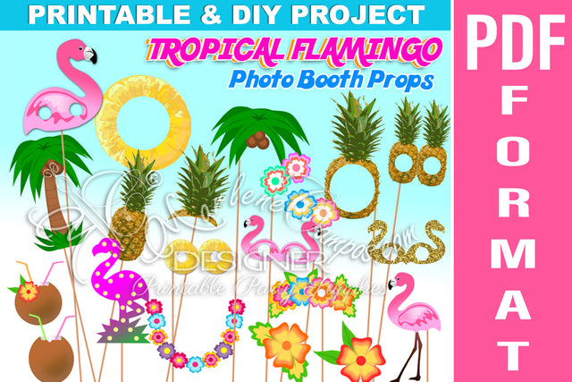 PRINTABLE Tropical Flamingo Photo Booth Props | 22 images 3D Paper Marlene Campos 