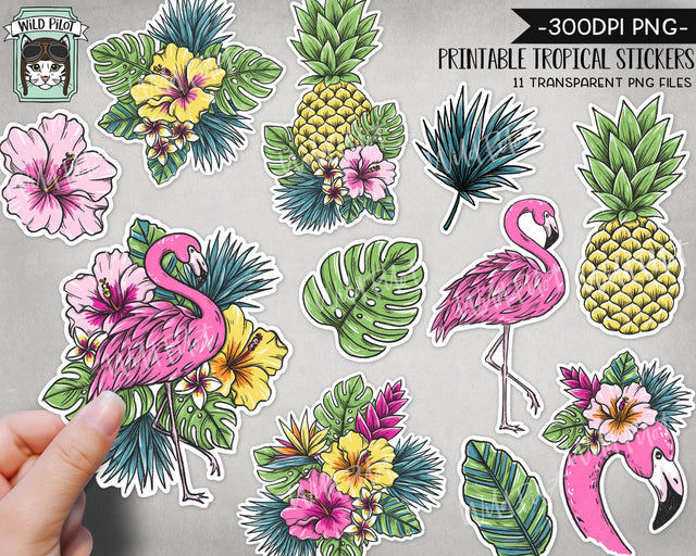PRINTABLE Tropical Sticker Files PNG, Tropical Flower Illustrations, Flamingo, Pineapple, Hibiscus, Monstera Leaves, Summer Planner Sticker Sublimation Wild Pilot 
