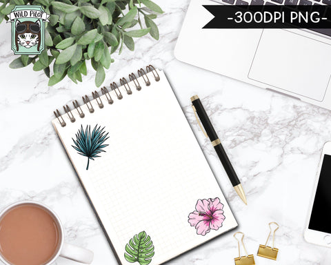 PRINTABLE Tropical Sticker Files PNG, Tropical Flower Illustrations, Flamingo, Pineapple, Hibiscus, Monstera Leaves, Summer Planner Sticker Sublimation Wild Pilot 
