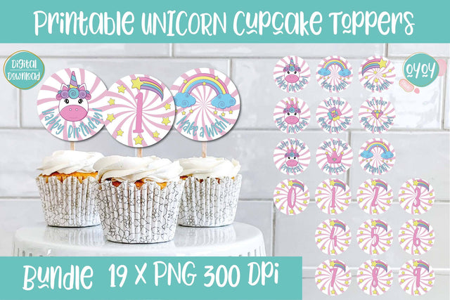Printable Unicorn Birthday Cupcake Toppers | Unicorn Stickers Sublimation OyoyStudioDigitals 
