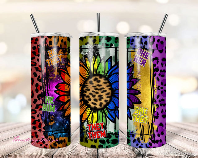 Pronoun Tumbler Wrap, Gift For She/Her He/Him They/Them, Sunflower LGBT Gay Pride, 20oz skinny tumbler sublimation designs Digital Download Sublimation TrendingDesign 