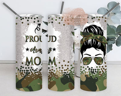 Proud Army Mom Tumbler Png, Messy Bun Mom Camo 20oz Skinny Tumbler, Military Mom Tumbler Wrap, Mom Sublimation Design, Mother's Day Gift, Instant Download Sublimation Rabbitmakies 