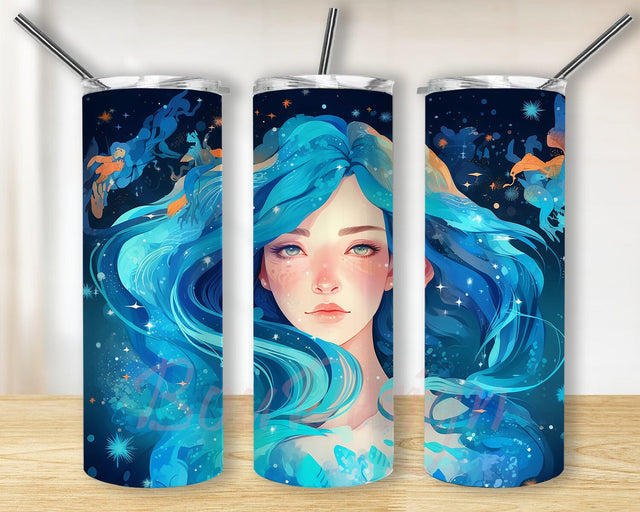 Psychedelic Aquarius Zodiac The Girl 20oz Skinny Tumbler Png, Dreamlike Light Blue Colorful Tumbler, Aquarius Zodiac The Girl Tumbler, Boho Zodiac Gift Sublimation BouDesign 