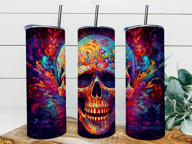 Psychedelic Skull 20oz Skinny Tumbler Png, Skull Tumbler Wrap Png, Psychedelic Rainbow Halloween Design Sublimation, Colorful Skulls Sublimation Wrap Design Digital Download Sublimation iStyleDesign 
