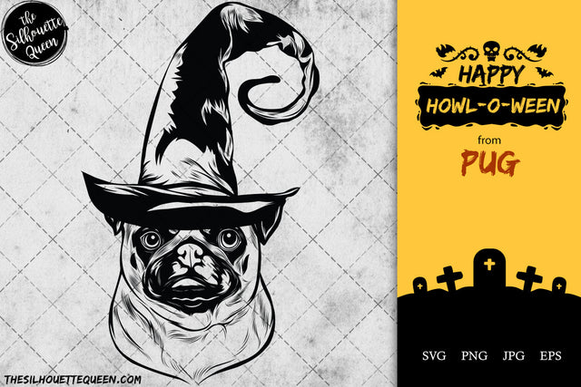 Pug dog svg portrait clipart vector graphic art Witch hat Halloween dog Cricut cut file cuttable design SVG Loveleen Kaur 