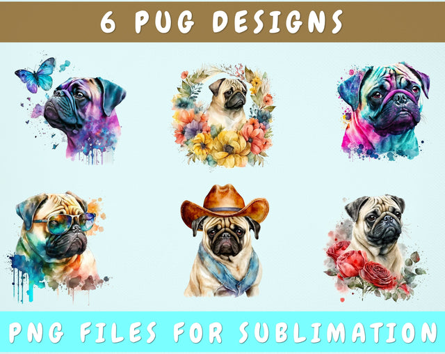 Pug Sublimation Designs Bundle, 6 Designs, Pug PNG Files, Pug In Sunglasses PNG, Pug And Butterfly PNG, Pug Clipart Sublimation HappyDesignStudio 