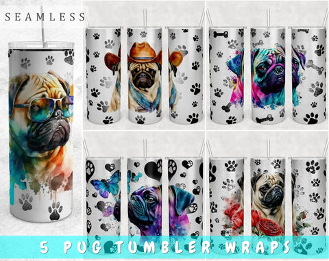 Pug Tumbler Wraps Bundle, 20 Oz Skinny Tumbler Pug Sublimation Designs, Seamless Pug PNG, 5 Designs Sublimation HappyDesignStudio 