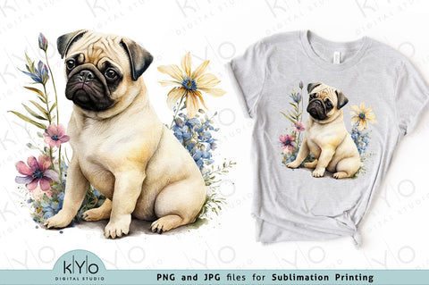 Pug with Flowers Printable Sublimation Design Images Png Jpg files SVG kYo Digital Studio 