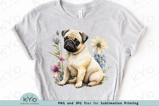 Pug with Flowers Printable Sublimation Design Images Png Jpg files SVG kYo Digital Studio 