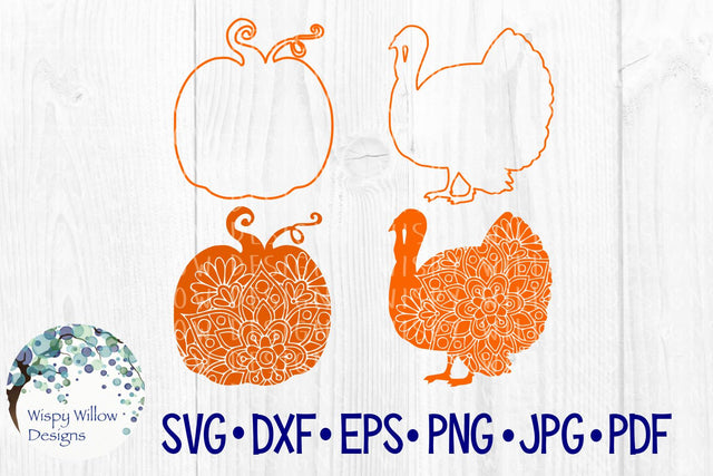 Pumpkin and Turkey Floral Mandala and Outlines Bundle SVG Wispy Willow Designs