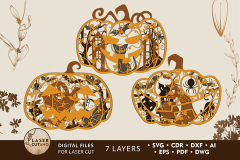PUMPKIN Bundle HALLOWEEN Designs Multilayer Laser Cut Files, Mandala, 3D Designs, Mini Design Bundles SVG LaserCutano 