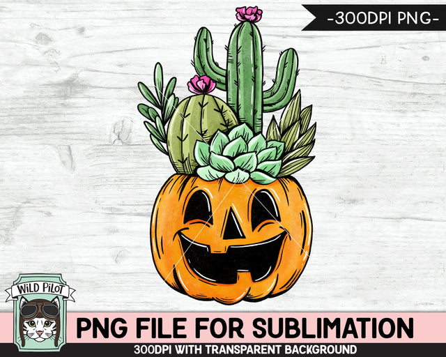 Pumpkin Cactus Planter SUBLIMATION design PNG, Cactus Pumpkin png file, Jack o Lantern sublimation, Fall png, Autumn png, Halloween png, Succulent png Sublimation Wild Pilot 