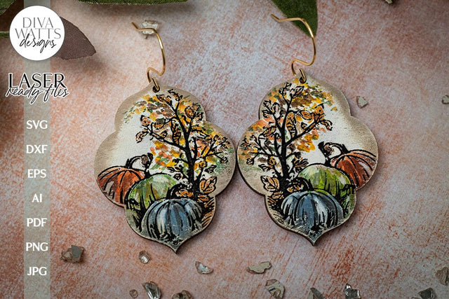 Pumpkin Earrings SVG For Laser Earrings With Fall Leaves for Halloween Earrings For Glowforge Fall Pumpkin Earrings SVG Fall Pumpkins SVG Diva Watts Designs 