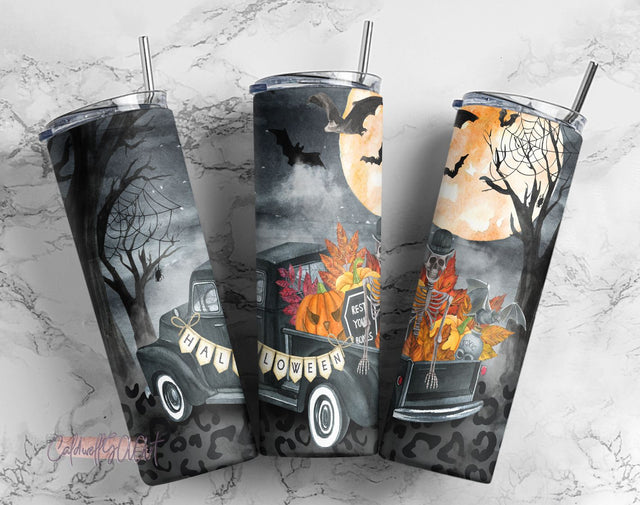 Pumpkin Fall Truck Halloween Trick or Treat Farmhouse 20 oz Skinny Tumbler Sublimation Design Template Straight Warped Digital Download PNG Sublimation CaldwellArt 